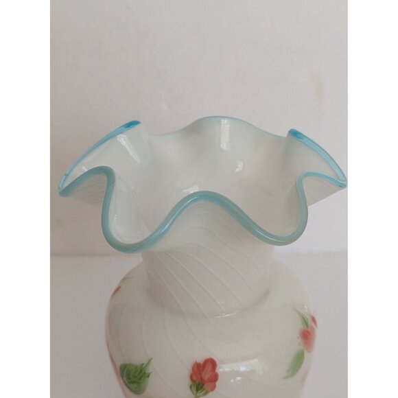 Fenton Designed Teleflora White Opalescent Vase Blue Crest Ruffled Hand Painted - Picture 10 of 11